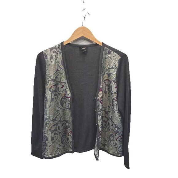Talbots Petites Italian Merino Wool Silk Cardigan Women’s Large Paisley Gray - Picture 2 of 7